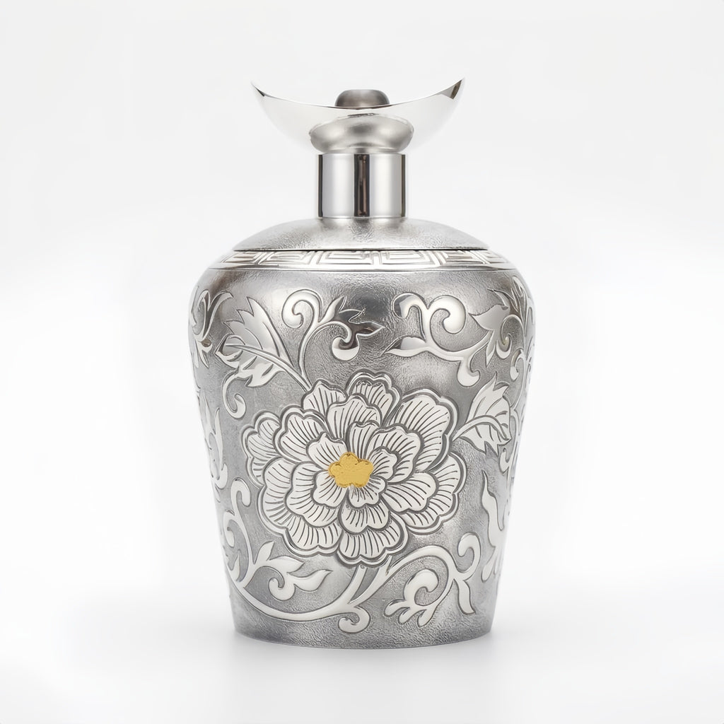 925 Sterling Silver Elegant Carved Silver-Toned Peony Pattern Decorative Vessel with Polished Crescent Stopper - Handicraft