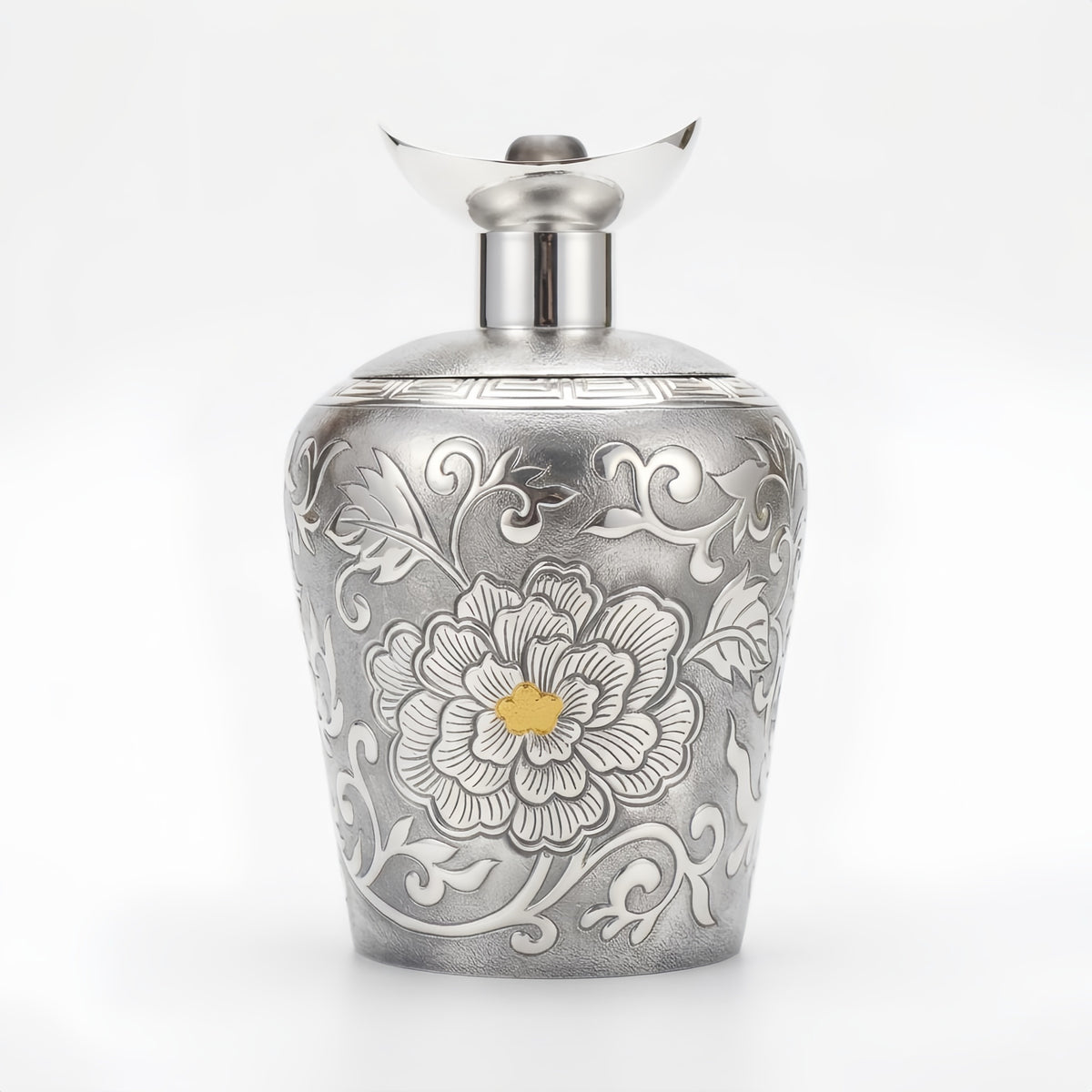 925 Sterling Silver Elegant Carved Silver-Toned Peony Pattern Decorative Vessel with Polished Crescent Stopper - Handicraft