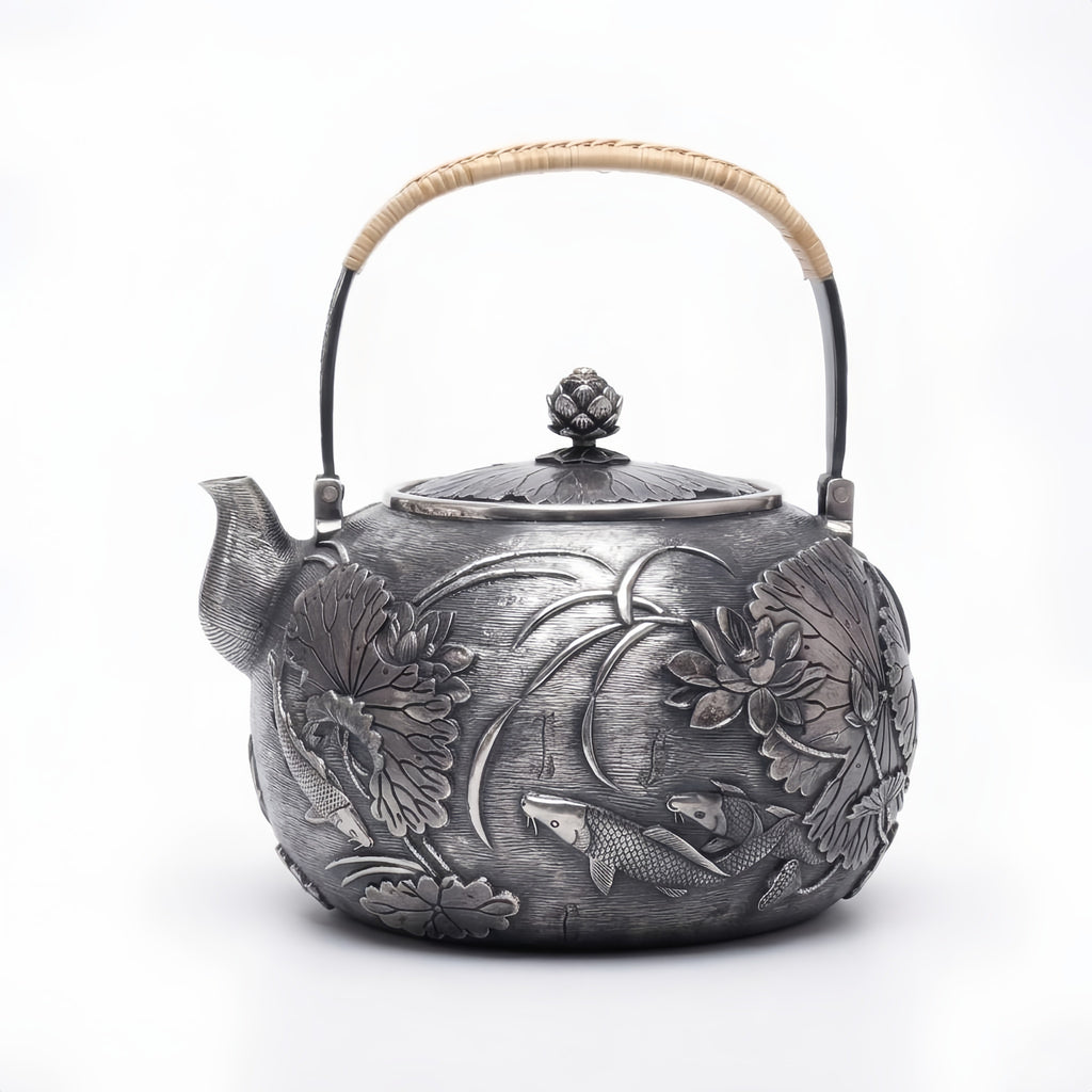 Pure 999 Fine Silver Exquisite Silver Teapot with Intricate Lotus and Koi Fish Relief Carvings - Handicraft