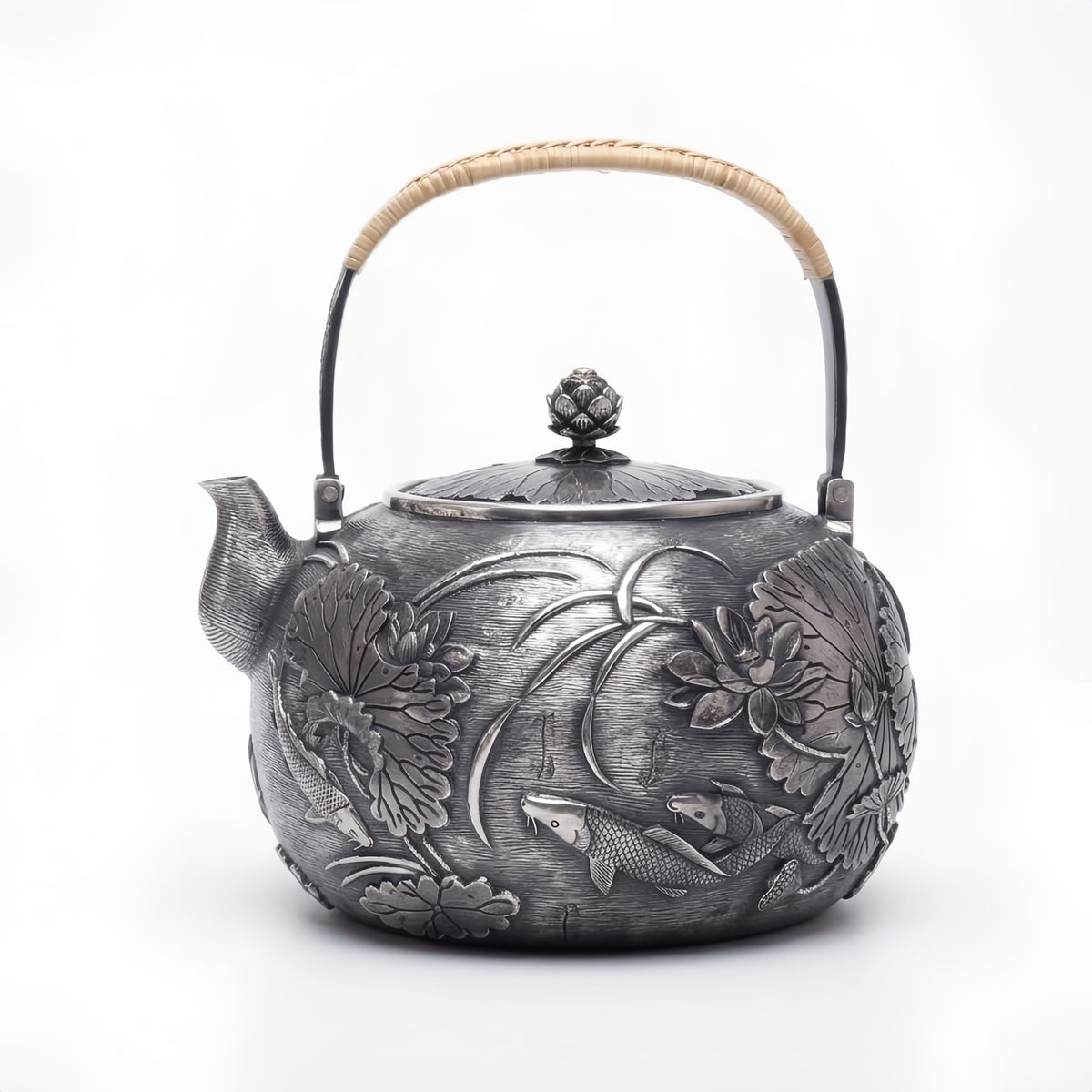 Pure 999 Fine Silver Exquisite Silver Teapot with Intricate Lotus and Koi Fish Relief Carvings - Handicraft