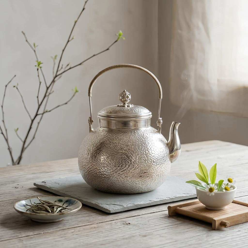 Pure 999 Fine Silver Handcrafted Hammered Silver Teapot with Rattan-Wrapped Handle and Filigree Finial - Handicraft