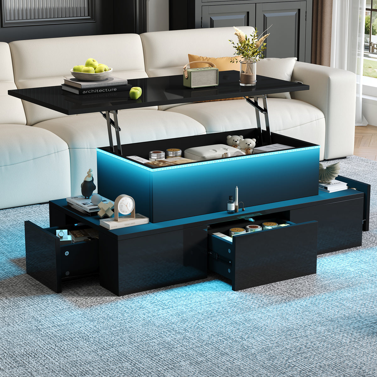 100x50x40cm Liftable Coffee Table With 4 Drawers, High-gloss Side Table With LED Lighting, Sofa Table, Coffee Table, Living Room Table With Hidden Storage, Black, MDF