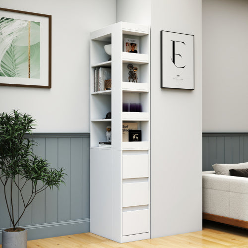 70.87 H Display Storage Cabinet , 4-Tier Shelf, 3 Side Drawers & 4 Small Display Shelves , Modern Wooden Tall Bookshelf Bookcase For Living Room Home Office