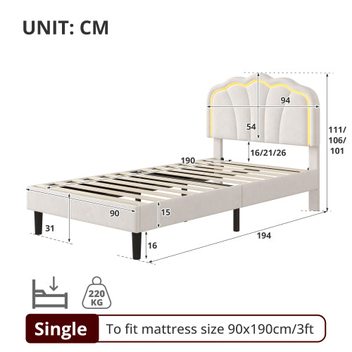 3ft Single Upholstered Bed With LED Adjustable Shell Shape Headboard, Soft Velvet Bed Frame With Solid Wood Slat, No Box Spring Needed, Easy Assembly, Cream White No Mattress