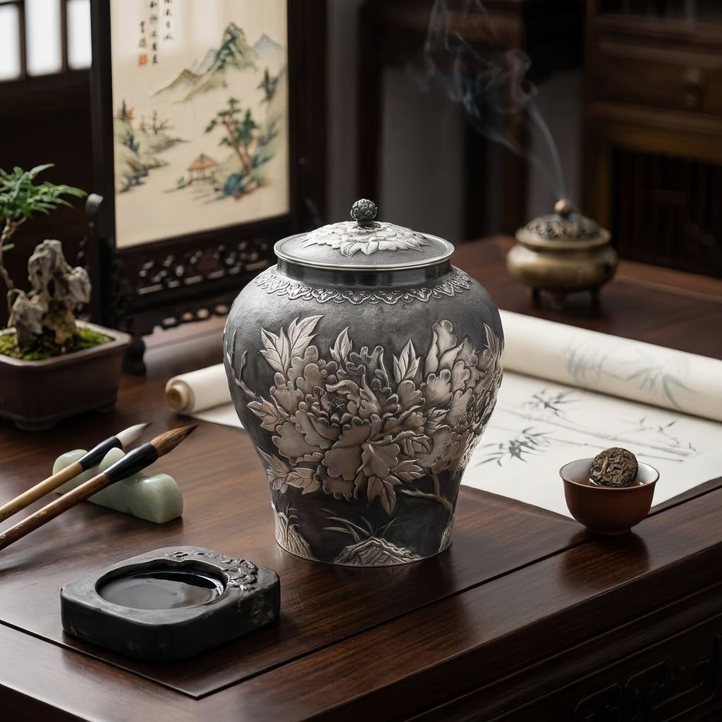 925 Sterling Silver Exquisite Handcrafted Silver Peony Floral Lidded Decorative Urn with Intricate Metalwork - Handicraft