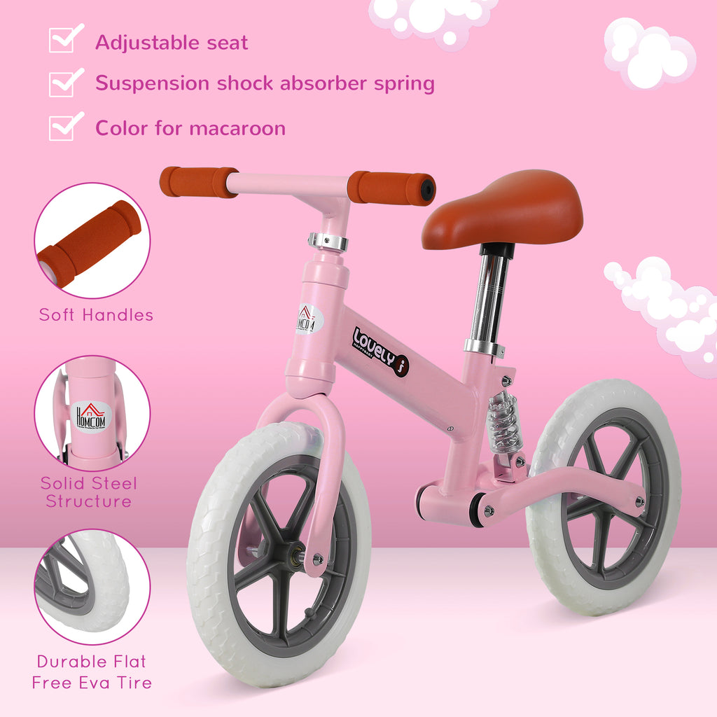 12" Kids Balance Bike No Pedal Bicycle EVA Tire Adjustable Seat Toddler Training Bike W/ Shock Absorber 2 - 5 Years Gift For Boys Girls Pink