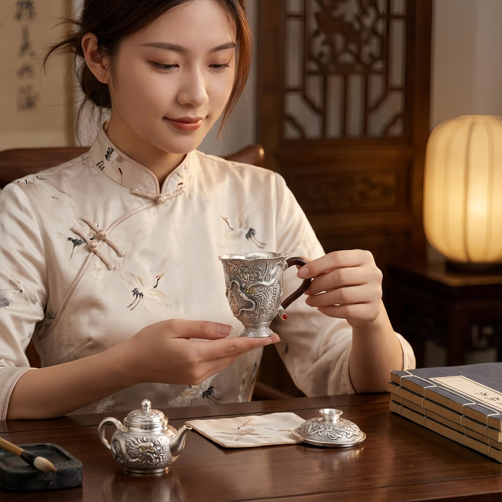 Pure 999 Fine Silver Ornate Handcrafted Silver Dragon Cup Featuring Dark Wood Handle and Vibrant Gemstone Accents - Handicraft