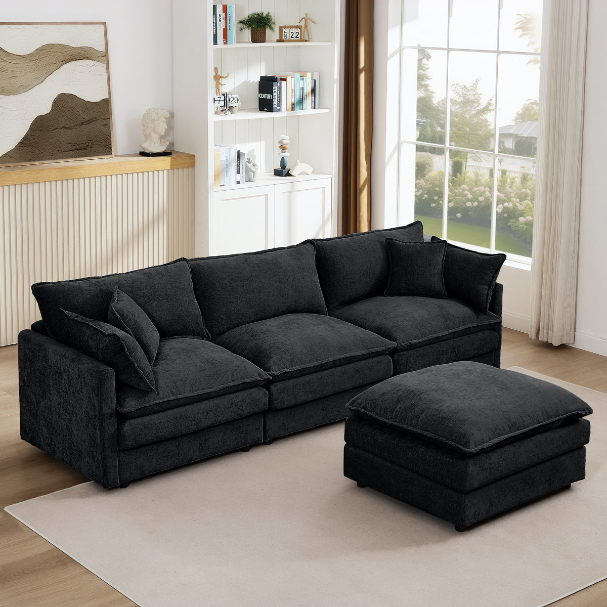 Modular Sectional Sofa, 102 Inch L Shaped Couch Set For Living Room, 3-Seater Comfy Cloud Couches With Movable Ottoman, DIY Combination, Chenille, Black