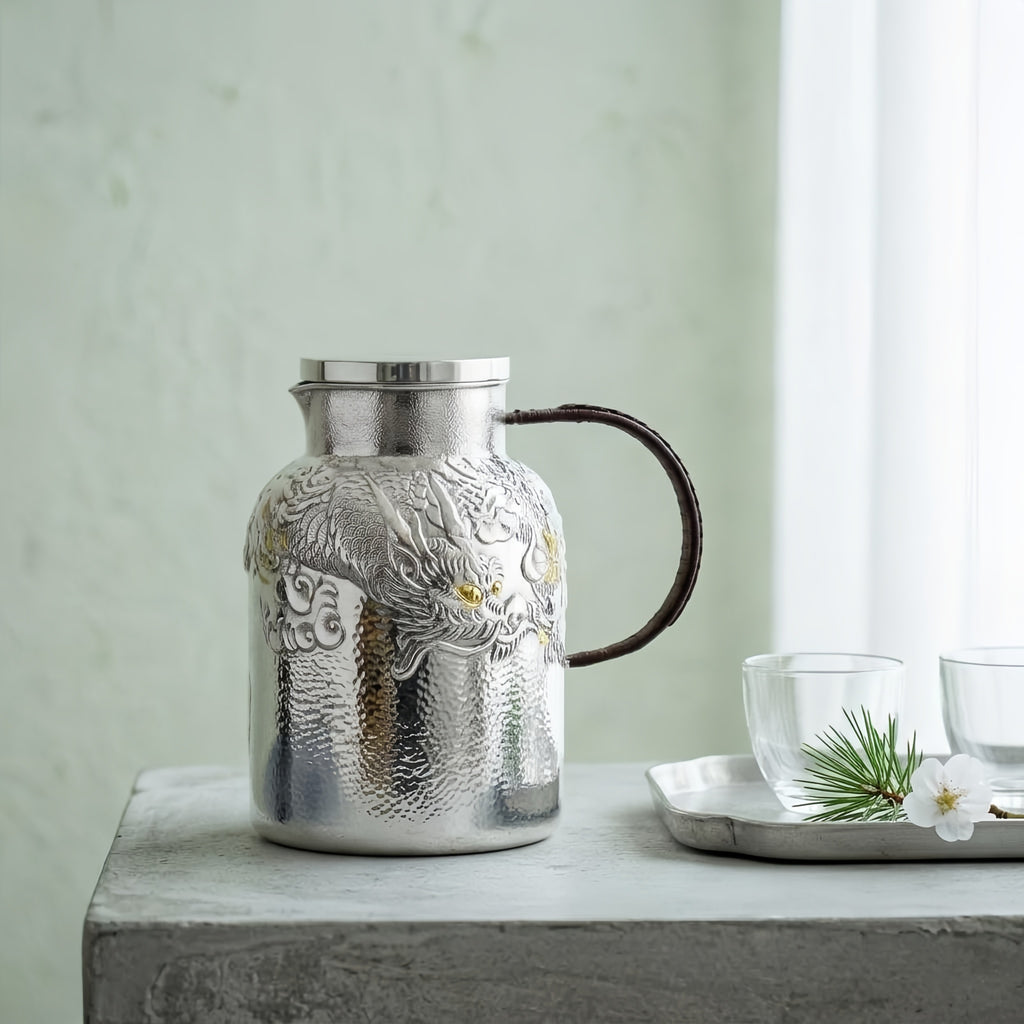 Pure 999 Fine Silver Elegant  Dragon-Embossed Jug with Hammered Texture and Brown Leather Handle-Premium water bottle - Handicraft