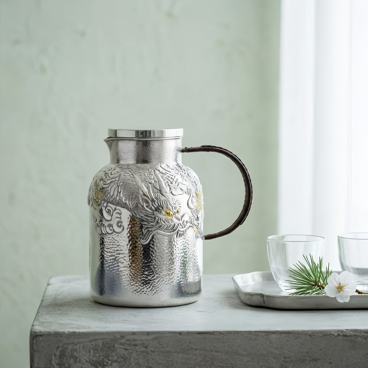 Pure 999 Fine Silver Elegant  Dragon-Embossed Jug with Hammered Texture and Brown Leather Handle-Premium water bottle - Handicraft