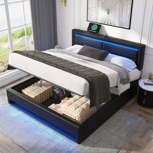 Upholstered Bed 135 X 190 Cm,Double Bed-4ft6,with USB Port  Supports Wireless And Wired Charging, With LED Lighting And Storage Space, Without Mattress, PU-Lychee Design, Black
