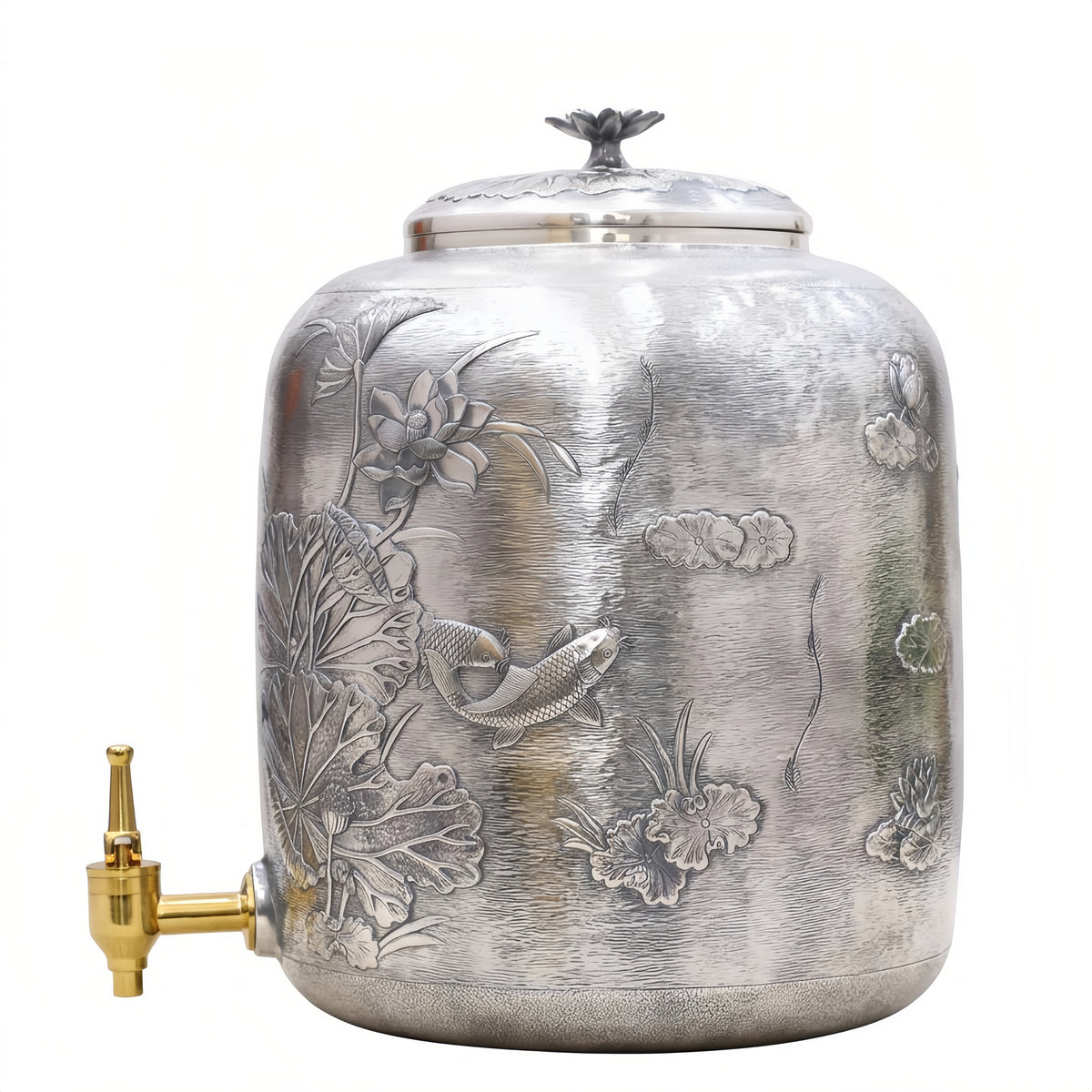 925 Sterling Silver Elegant Hand-Carved Silver Beverage Dispenser with Lotus and Koi Pond Motifs - Handicraft