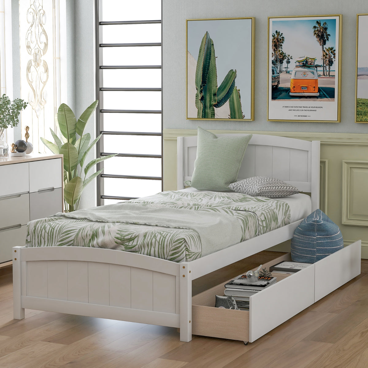 Twin Size Platform Bed With Two Drawers, White