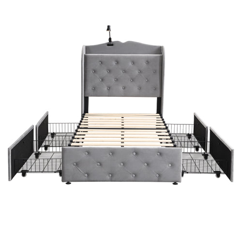 Upholstered Bed, Storage Bed, 3FT Single Bed 90x190cm, With 4 Drawers And Lamp, 3 USB Port 1 Type C, Durable And Sturdy, Youth Bed, For Adults  Teenagers, Velvet, Grey