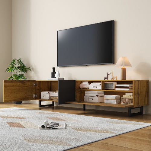 Colorblock TV Cabinet, Simple Contrasting Color Design, Three Doors And Two Compartments, U-Shaped Metal Legs, Retro Wood Grain