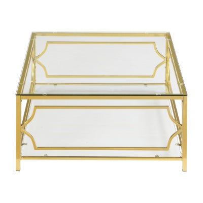 Square Glass Coffee Table In 33.5 ,Luxurious Geometric Metal Frame,Gold Finish  Lower Shelf
