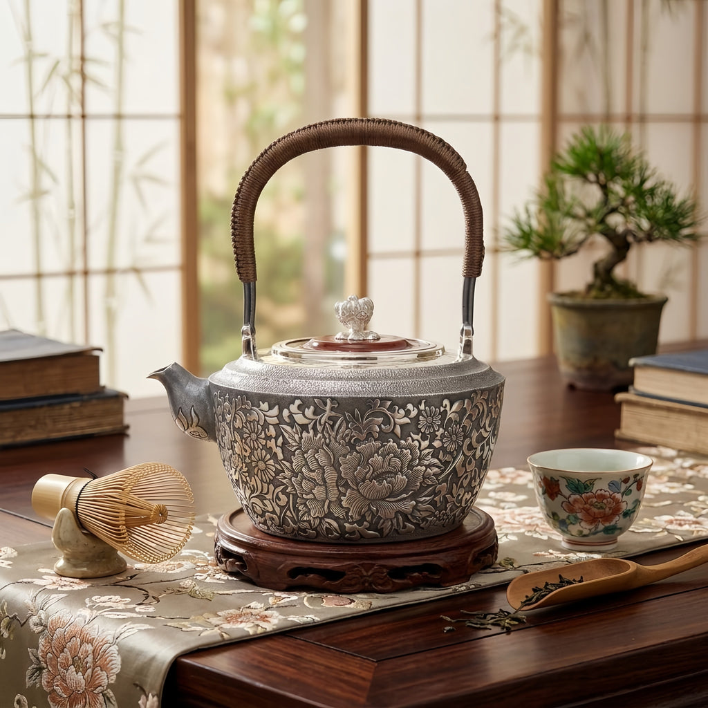 Pure 999 Fine Silver Elegant Hand-Carved Silver Teapot with Intricate Floral Engravings and Cord-Wrapped Handle - Handicraft