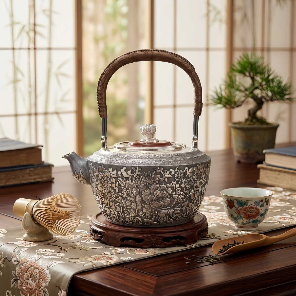 Pure 999 Fine Silver Elegant Hand-Carved Silver Teapot with Intricate Floral Engravings and Cord-Wrapped Handle - Handicraft