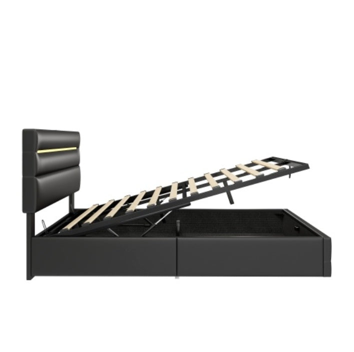5ft King Upholstered Bed Frame With Hydraulic Storage, PU Ottoman Bed With LED Lighting And Charging Station, LED Adjustable Headboard With USB And Type - C Ports, Black