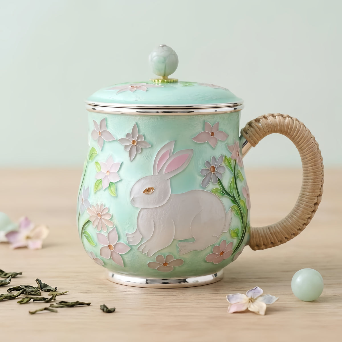 Pure 999 Fine Silver Exquisite Mint Green Enamel Rabbit Mug with Floral Motifs and Woven Handle - Handicraft