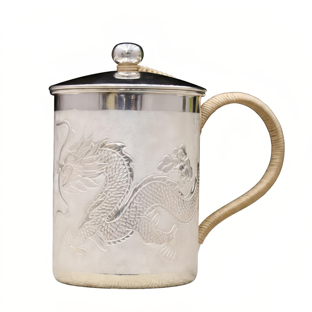 925 Sterling Silver Exquisite Silver Dragon Relief Mug with Hand-Wrapped Rope Handle and Lid - Handicraft