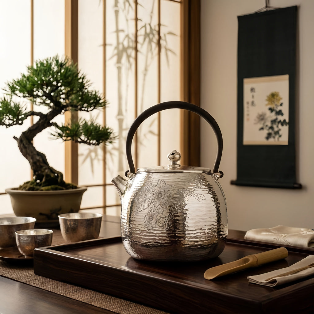 Pure 999 Fine Silver Handcrafted Silver Teapot with Engraved Chrysanthemum Motif and Hammered Finish - Handicraft