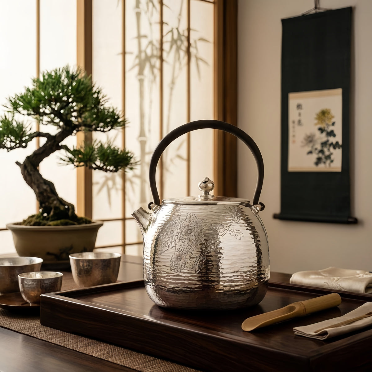 Pure 999 Fine Silver Handcrafted Silver Teapot with Engraved Chrysanthemum Motif and Hammered Finish - Handicraft