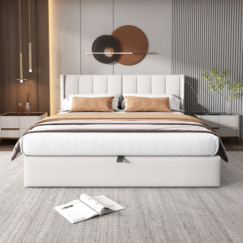 LED Upholstered Bed ,Double Bed-4ft6 135x190cm, Hydraulic Bed, Rechargeable USB Port In Bed, With LED Lighting, With Storage Space, Adjustable Headboard, PU , White