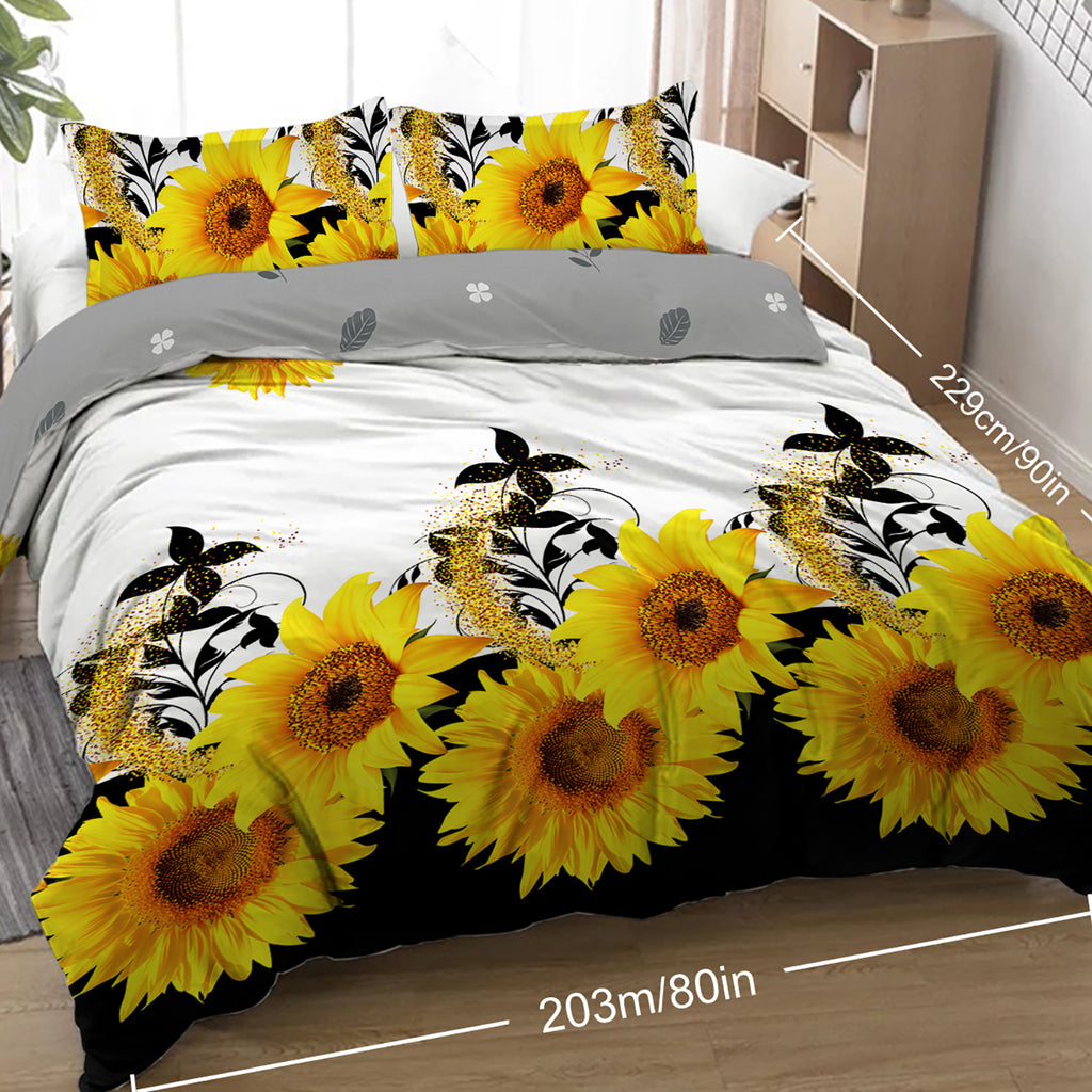 3 Pieces Black And White Background Sunflower Duvet Cover Set Yellow Flower Polyester Bedding Set For Adults Bedroom Decor Twin Full Queen King Size