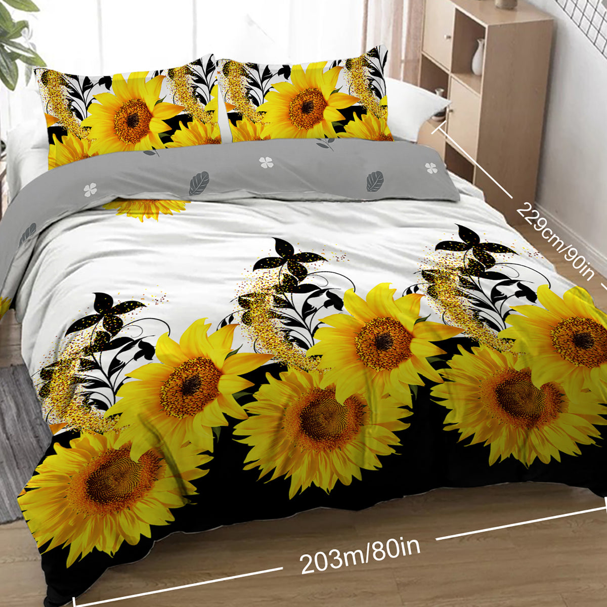 3 Pieces Black And White Background Sunflower Duvet Cover Set Yellow Flower Polyester Bedding Set For Adults Bedroom Decor Twin Full Queen King Size