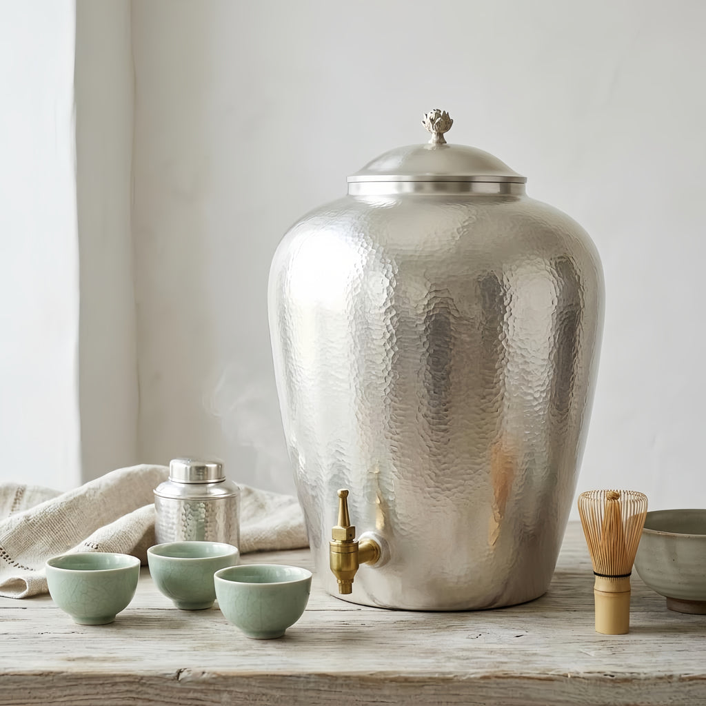Pure 999 Fine Silver Hammered Silver Beverage Dispenser with Brass Tap and Decorative Lid - Handicraft