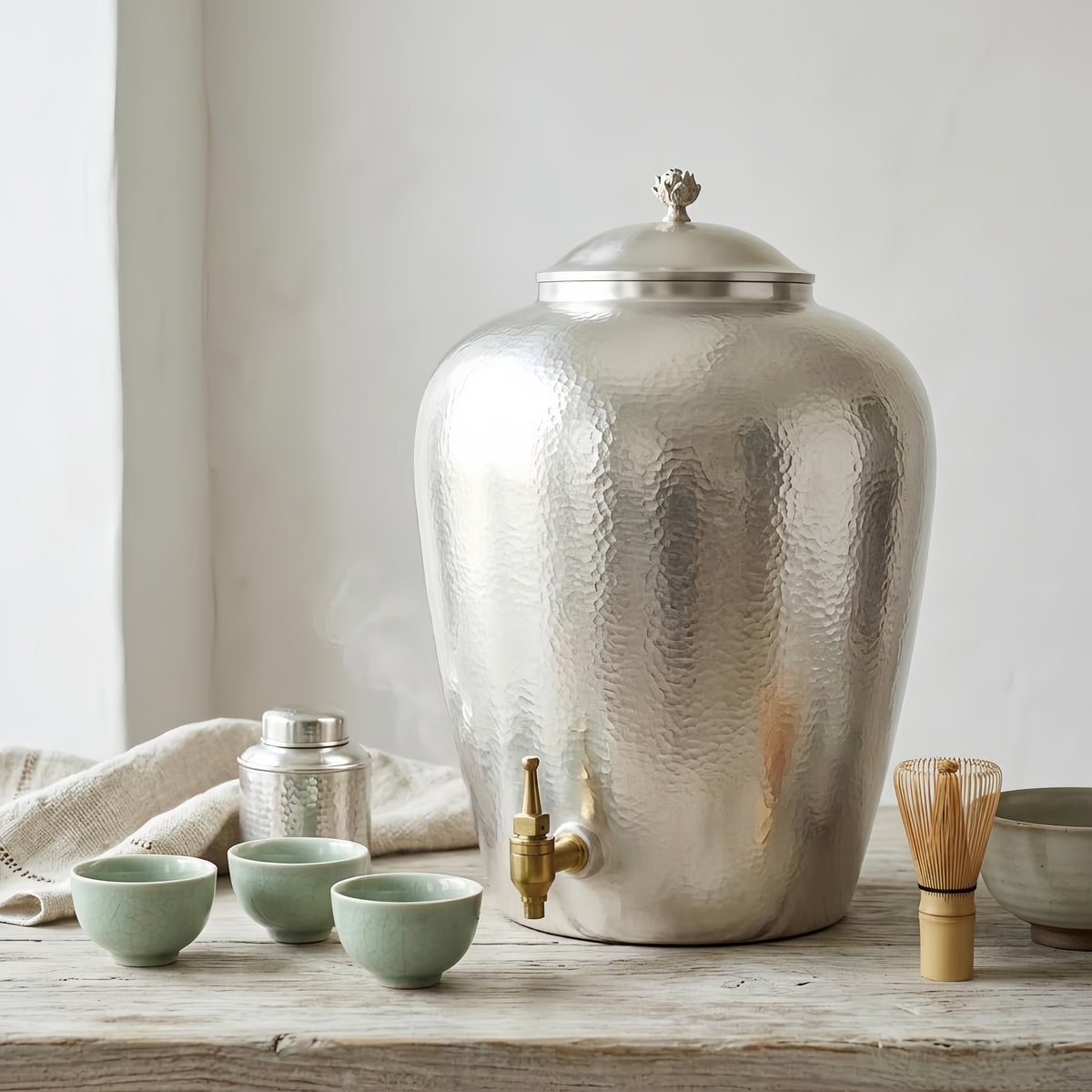 Pure 999 Fine Silver Hammered Silver Beverage Dispenser with Brass Tap and Decorative Lid - Handicraft