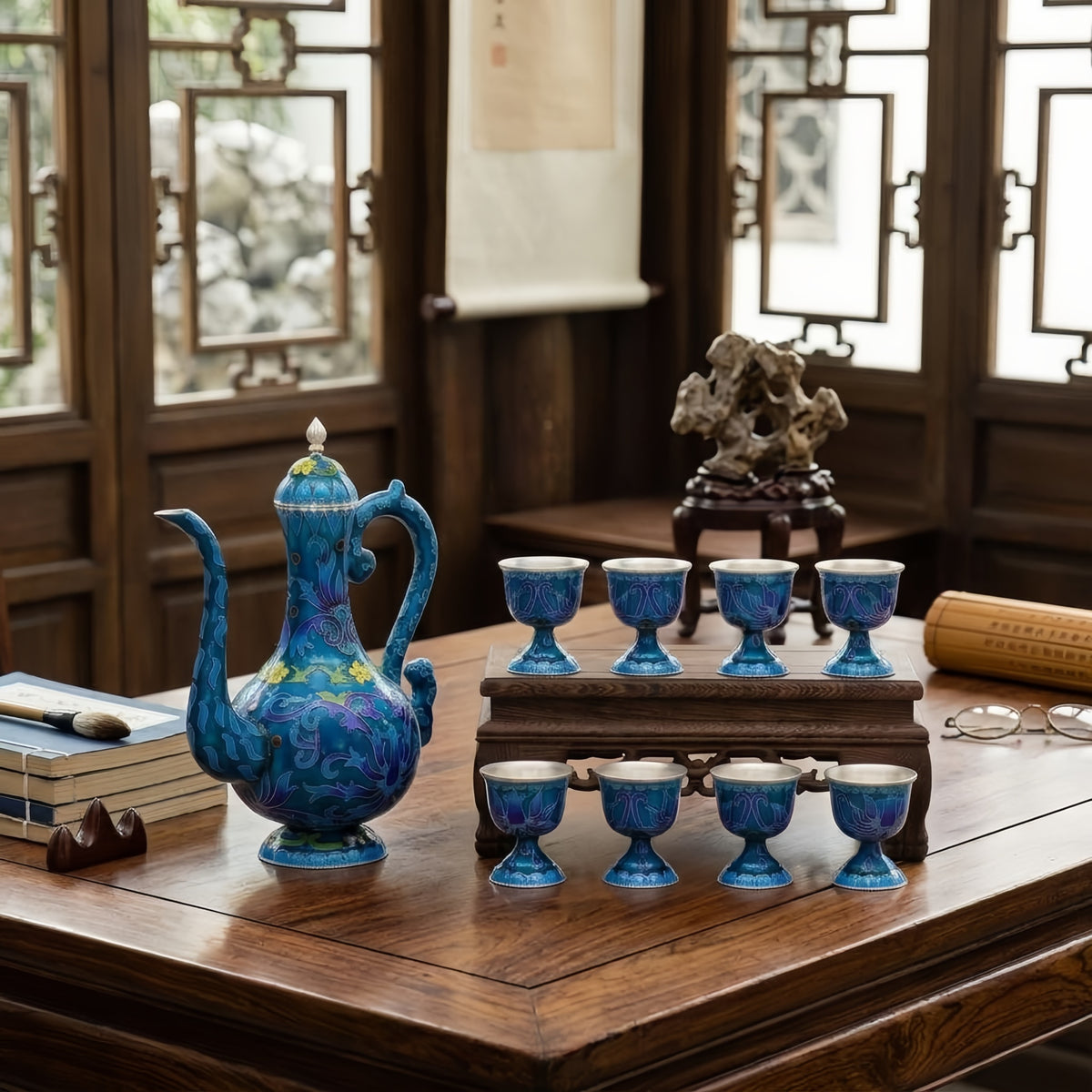 925 Sterling Silver Blue Cloisonné Enamel Teapot and Eight Cups Set on Wooden Stand - Handicraft