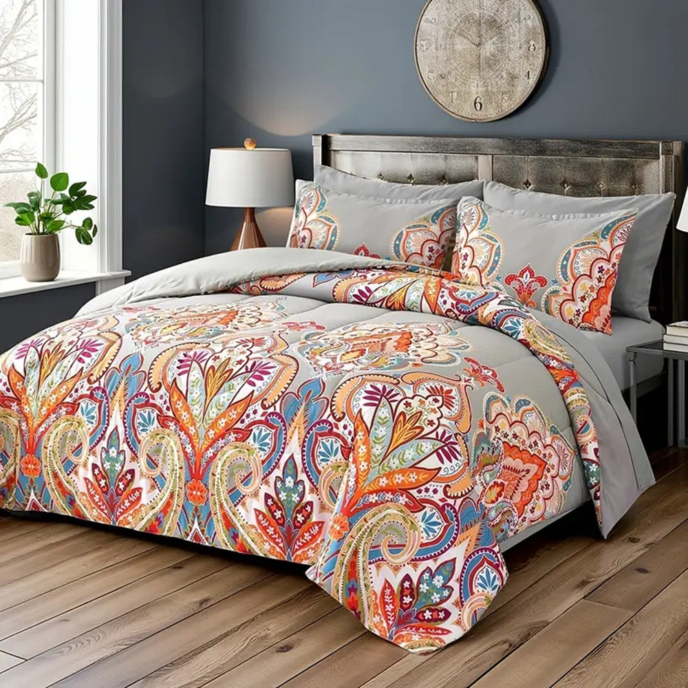 Comforter Set, Boho Pattern, Gray With Rainbow Floral
