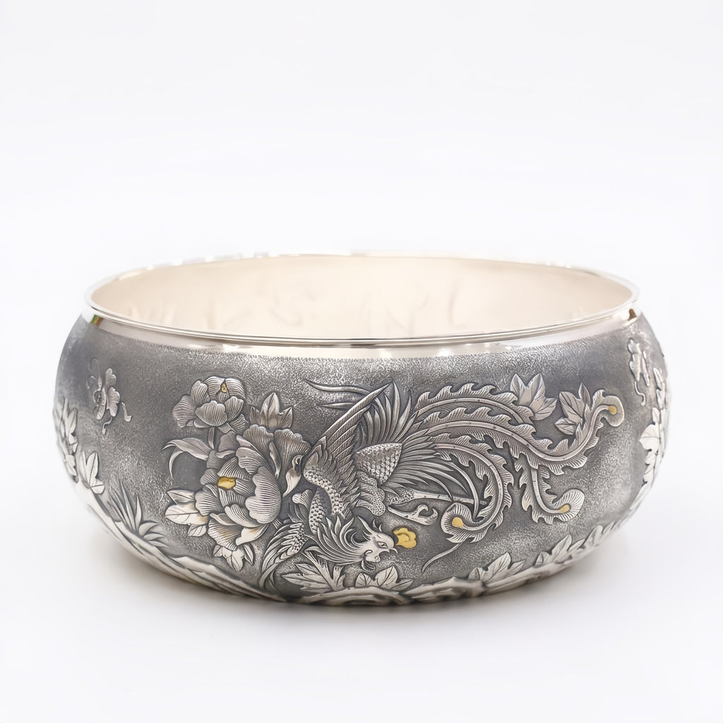 Pure 999 Fine Silver Hand-Engraved Sterling Silver Bowl Featuring Traditional Phoenix and Peony Blossom Motifs - Handicraft