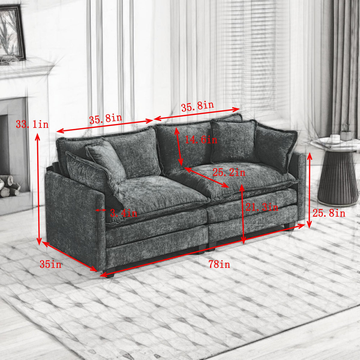 Cloud Sofa LoveSeat Ottoman Is Not Included, Modern Sectional Couch, For Living Room Bedroom And Apartment, Comfy Double Layer Upholstered Seat Cushion, Breathable Chenille Fabric, Black,SW5012BK