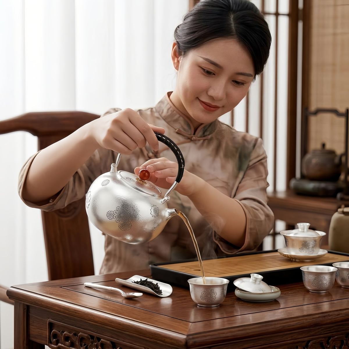 Pure 999 Fine Silver Elegant Handcrafted Silver Teapot with Red Agate Knob and Floral Engravings - Handicraft