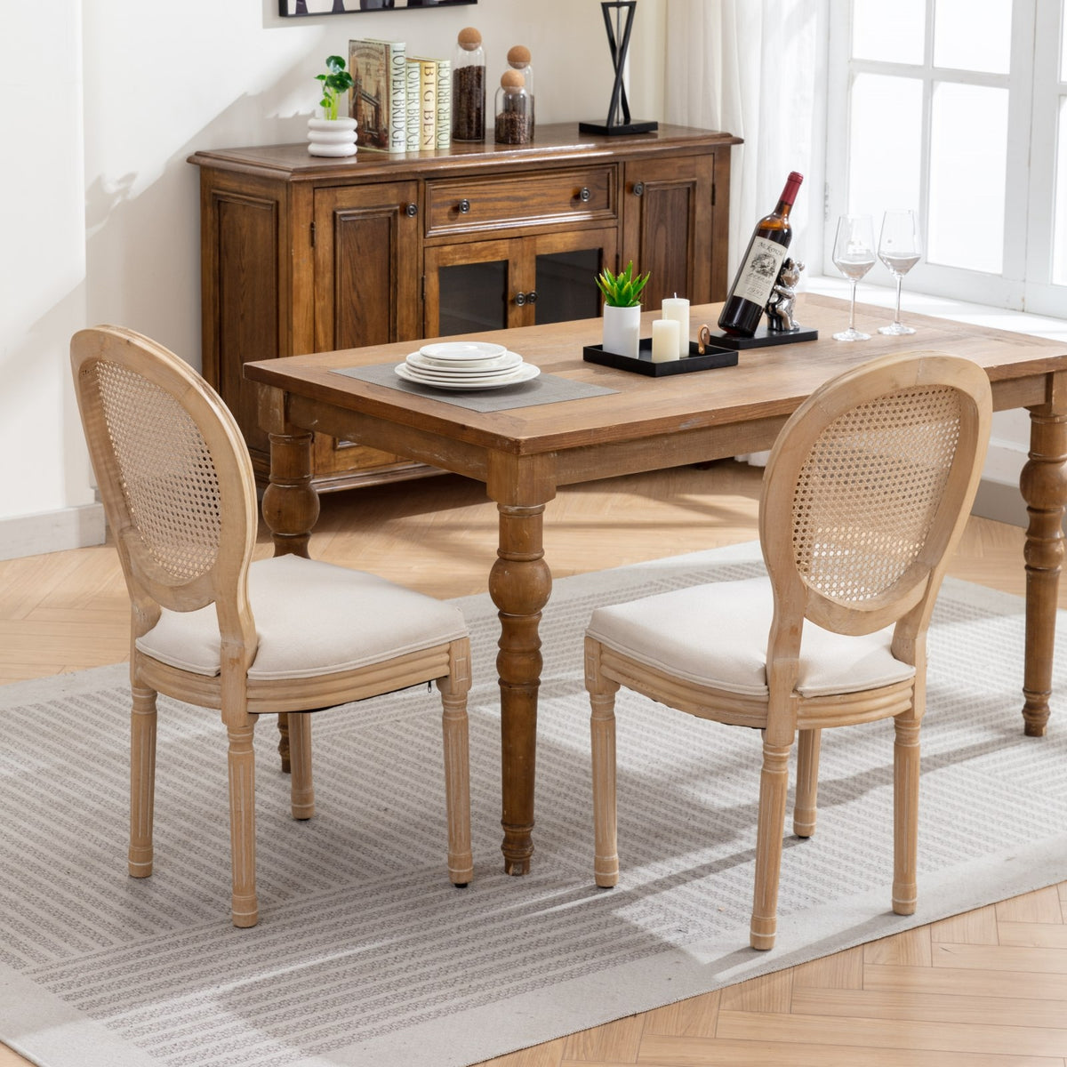A&A French Style Solid Wood Antique Linen & Rattan Back Dining Chair