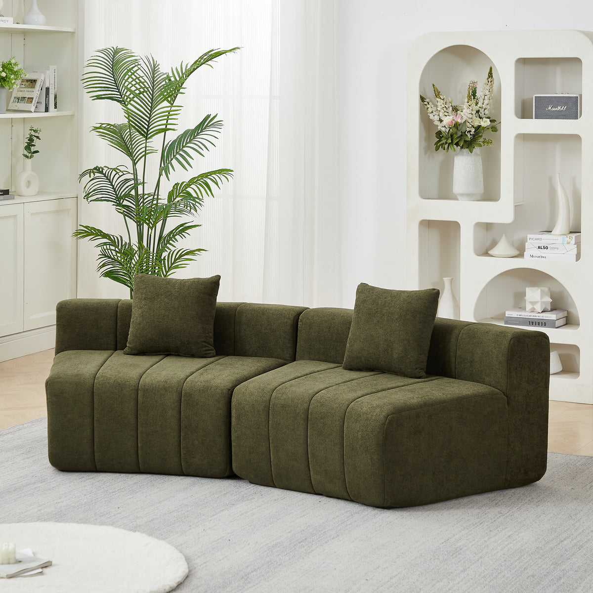 Chenille Curved Sectional Sofa With 2 Pillows,Curved Symmetrical Modular Semi Circular Sofa Sectional For Bedroom, Living Room, Office For Leisure Or Nap, Reading Room, And Lobby