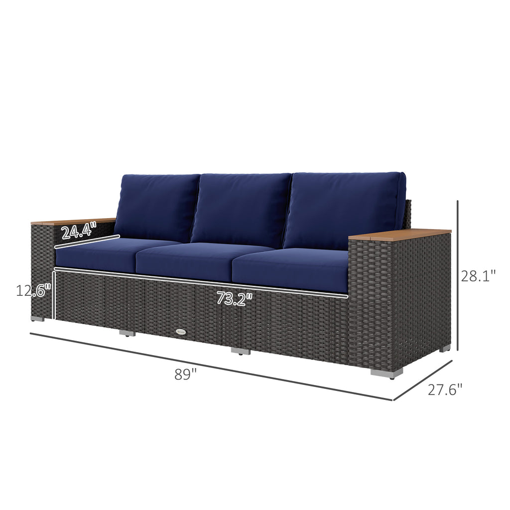 3-Seat Outdoor Patio Sofa With Cushions, PE Rattan Wicker Sofa With Wide Armrests, Outdoor Wicker Couch, Navy Blue