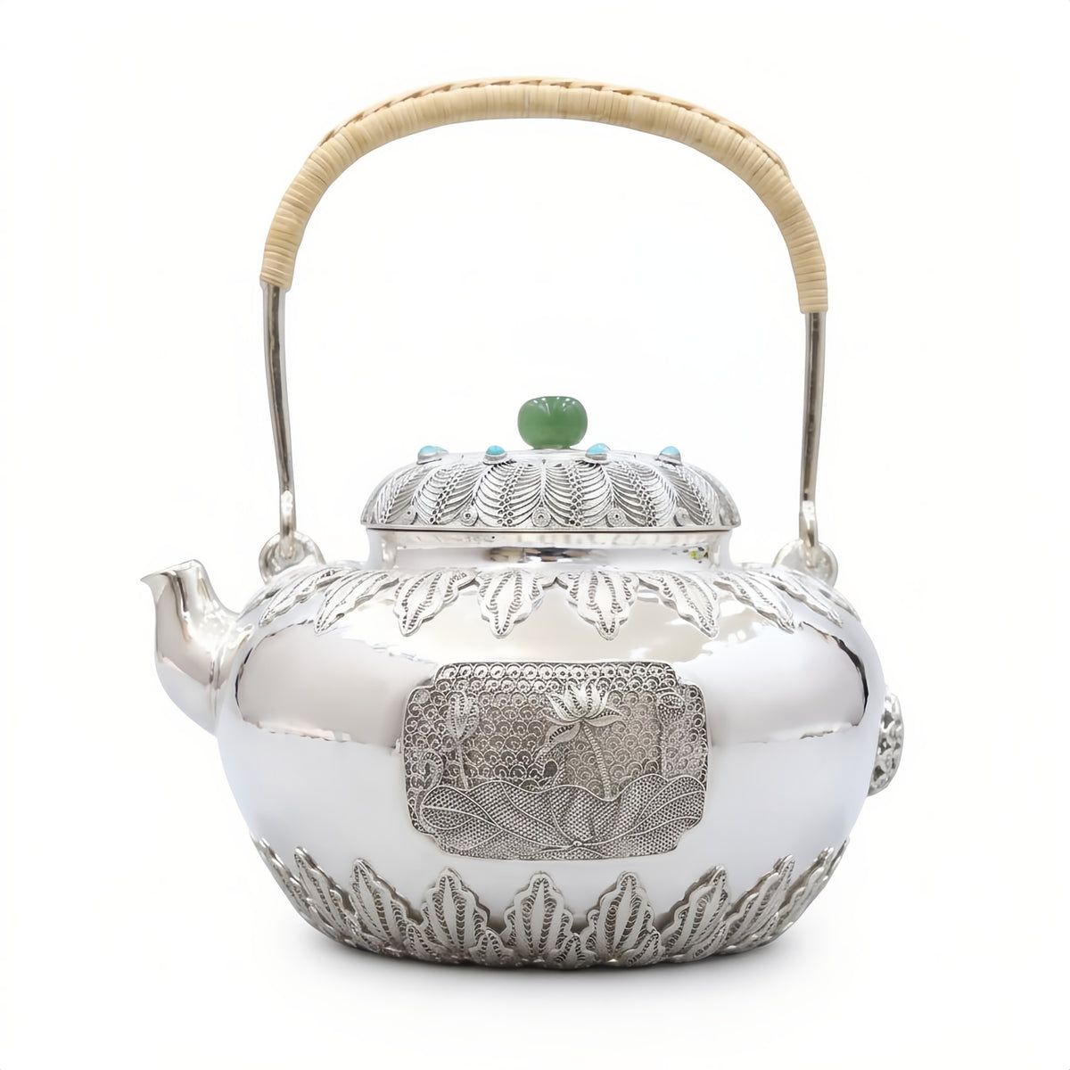 925 Sterling Silver Ornate Handcrafted Silver Teapot with Green Jade Finial and Intricate Filigree Details - Handicraft