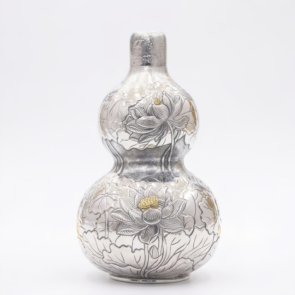 Pure 999 Fine Silver Exquisite Hand-Engraved Silver Double Gourd Vase Featuring Detailed Lotus Motifs - Handicraft
