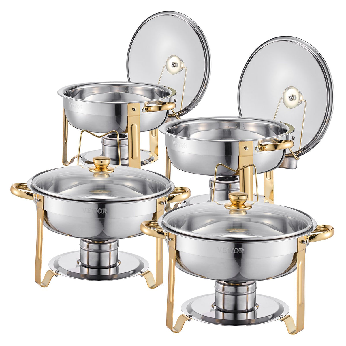 5 Qt 4 Pack Round Chafing Dish Buffet Set Full-Size Pan Stainless Steel Gold