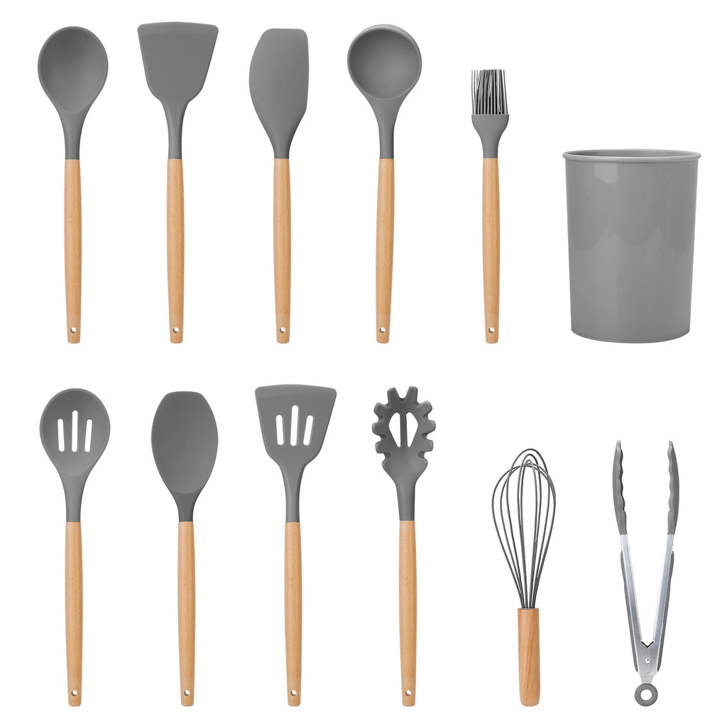 2 Color Options -- Set Of 11Pcs Silicone Cooking Utensil Set Heat Resist Wooden Handle Silicone Spatula Turner Ladle Spaghetti Server Tongs Spoon Egg Kitchenware Set With Holder
