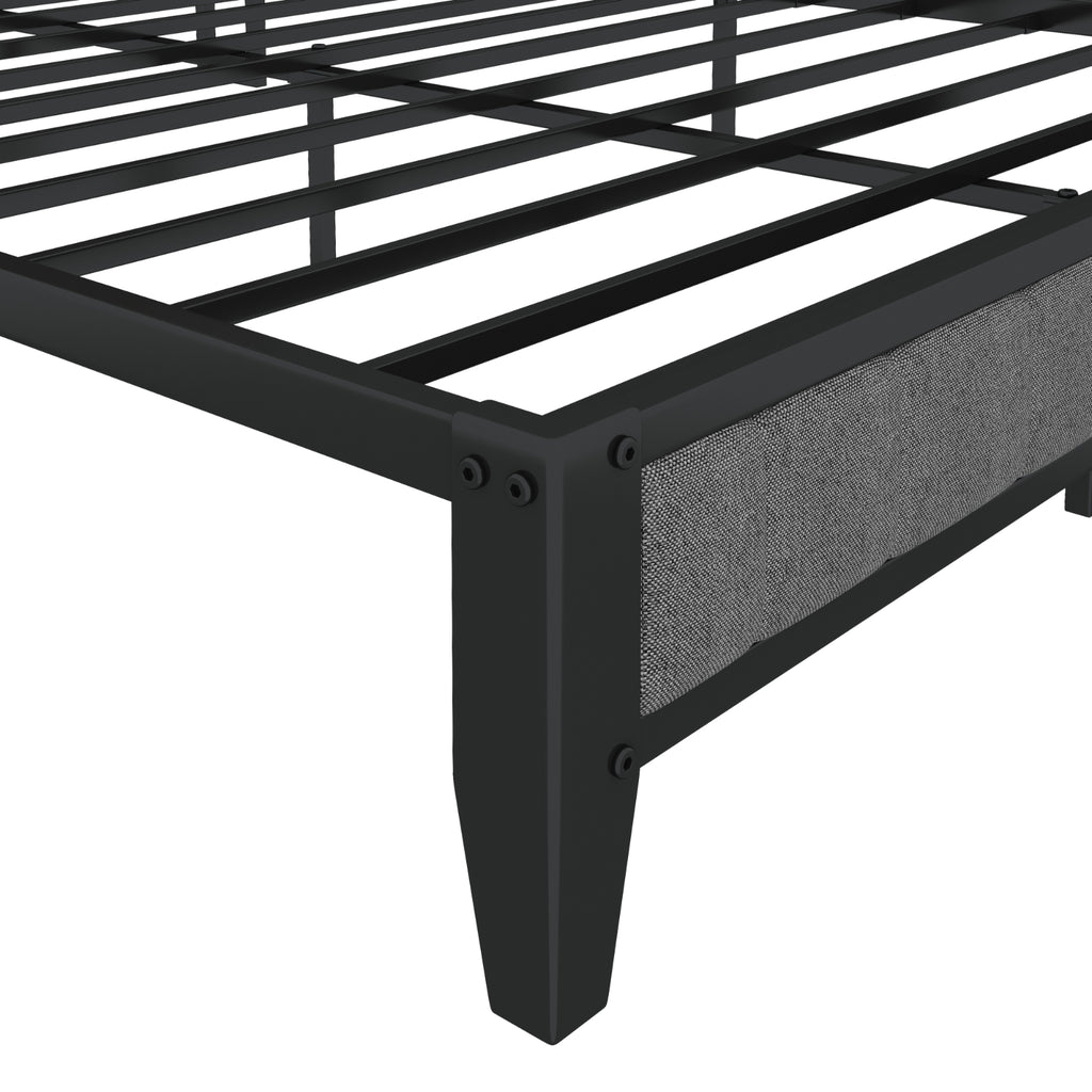 Queen Size Bed Frame With Charging Station, Upholstered Headboard, Metal Platform, Grey
