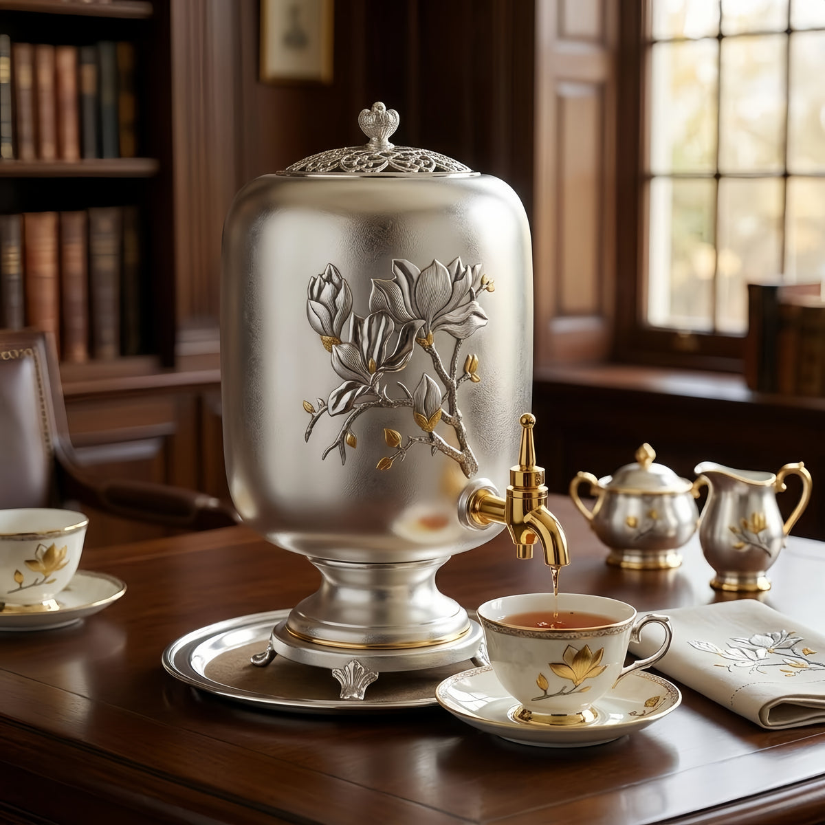 Pure 999 Fine Silver Elegant Silver-Tone Magnolia Beverage Dispenser with Intricate Floral Embossing and Polished Metal Spigot - Handicraft