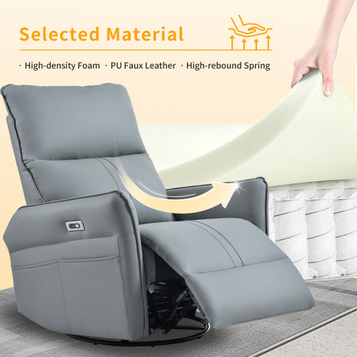 270 Power Swivel Rocker Recliner Chair, PU Leather Electric Glider Reclining Sofa With USB Ports, Power Swivel Glider, Rocking Chair,Nursery Recliners For Living Room Bedroom  Light Gray  270Swivel