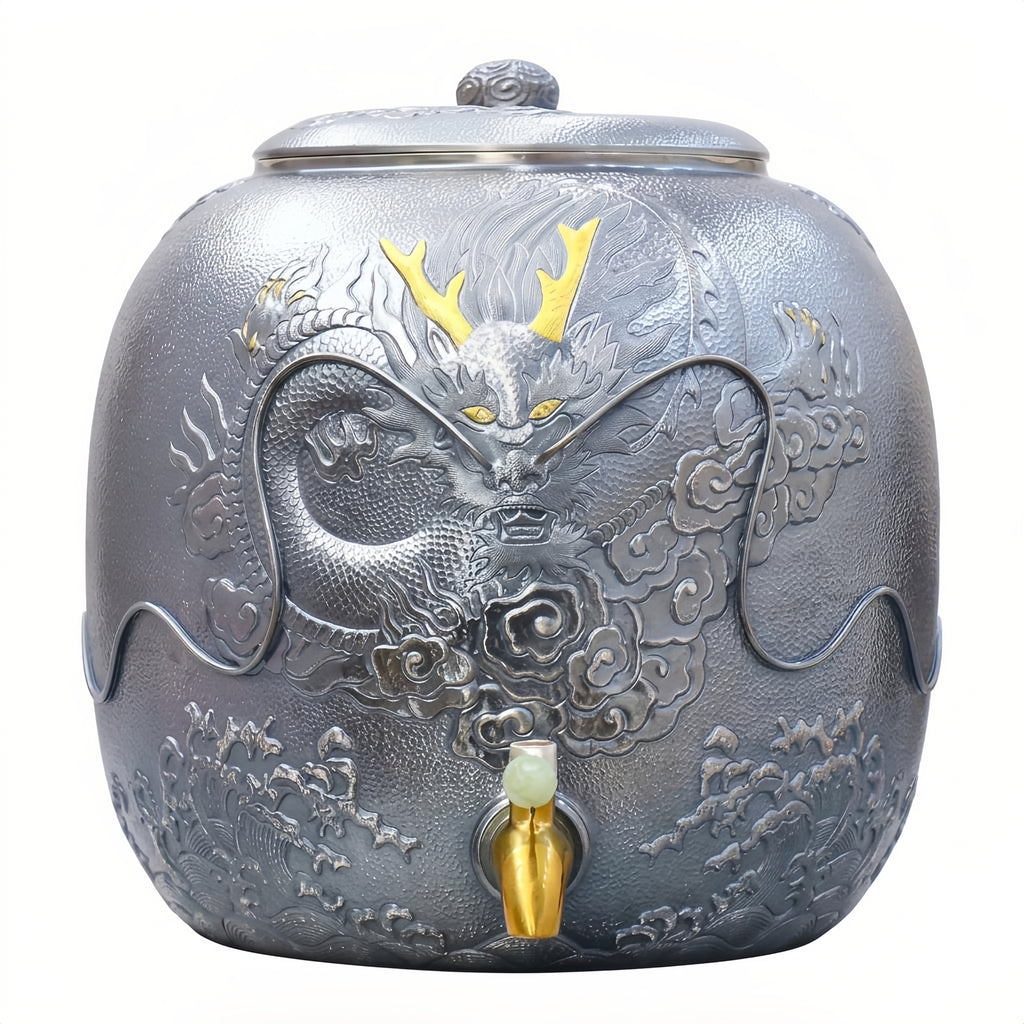 Pure 999 Fine Silver Elegant Embossed Silver-Toned Dragon Dispenser Featuring Ornate Relief and Metallic Accents - Handicraft