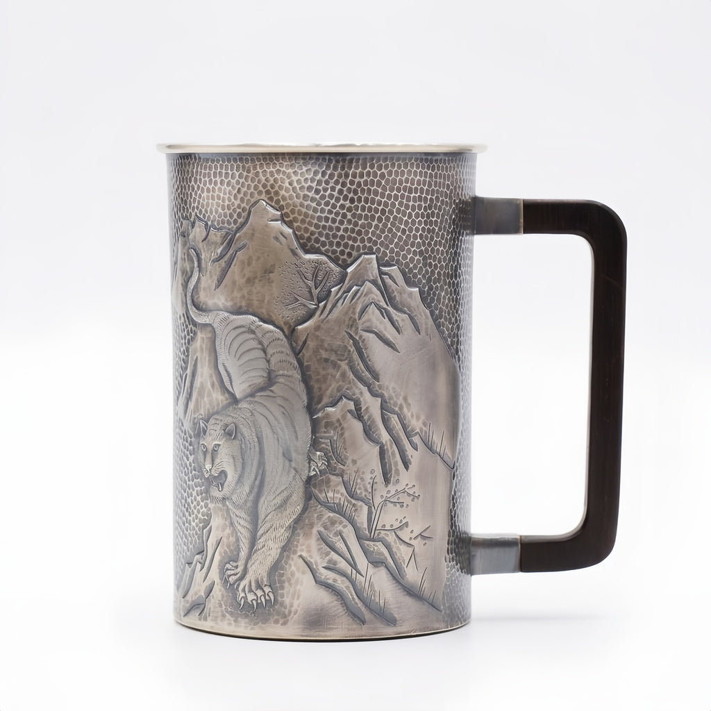 Pure 999 Fine Silver Handcrafted Silver-Toned Tankard Featuring Intricate Embossed Tiger and Mountain Landscape Relief - Handicraft