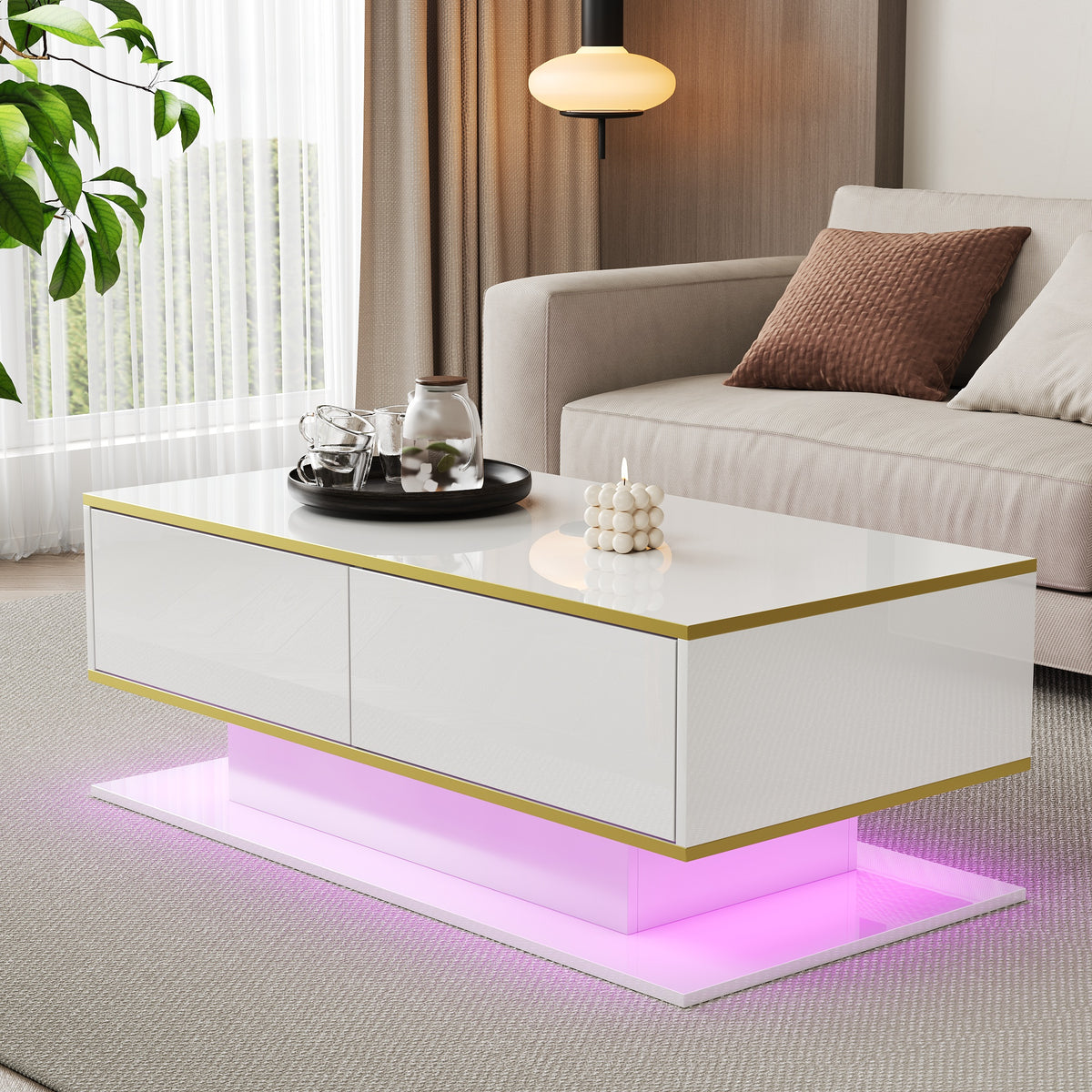 Modern LED Coffee Table With High-Gloss Finish, 100 Cm Length, Gold Accents, 3 Drawers & USB LED Light Strip Adapter-Power Bank Required